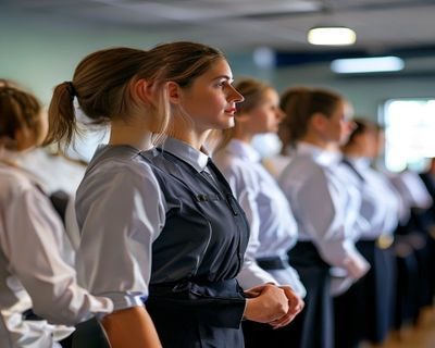 专业家政人员礼仪培训课堂，身着整洁制服的女仆学员在教练指导下练习标准站姿与服务手势，室内明亮专业